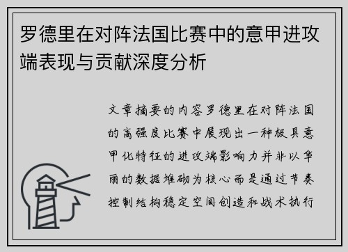 罗德里在对阵法国比赛中的意甲进攻端表现与贡献深度分析 罗德里在对阵法国比赛中的意甲进攻端表现与贡献深度分析