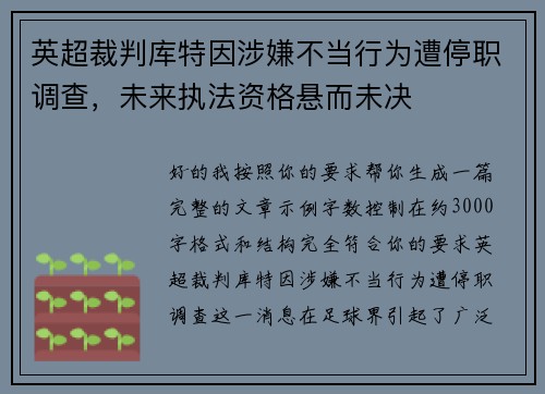 英超裁判库特因涉嫌不当行为遭停职调查，未来执法资格悬而未决