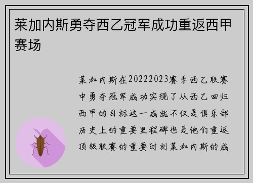 莱加内斯勇夺西乙冠军成功重返西甲赛场